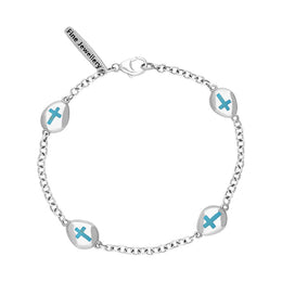 18ct White Gold Turquoise Oval Cross Detail Four Stone Bracelet, B799.
