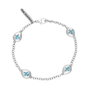 18ct White Gold Turquoise Oval Fleur De Lis Detail Four Stone Bracelet, B798.