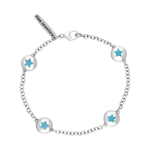 18ct White Gold Turquoise Oval Star Detail Four Stone Bracelet, B796.