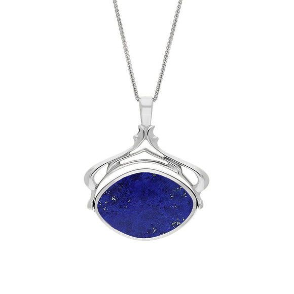 18ct White Gold Whitby Jet Lapis Lazuli Marquise Swivel Fob Necklace, P115_10.
