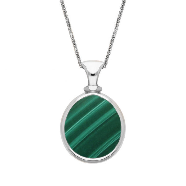 18ct White Gold Whitby Jet Malachite Small Double Sided Pear Fob Necklace, P220.