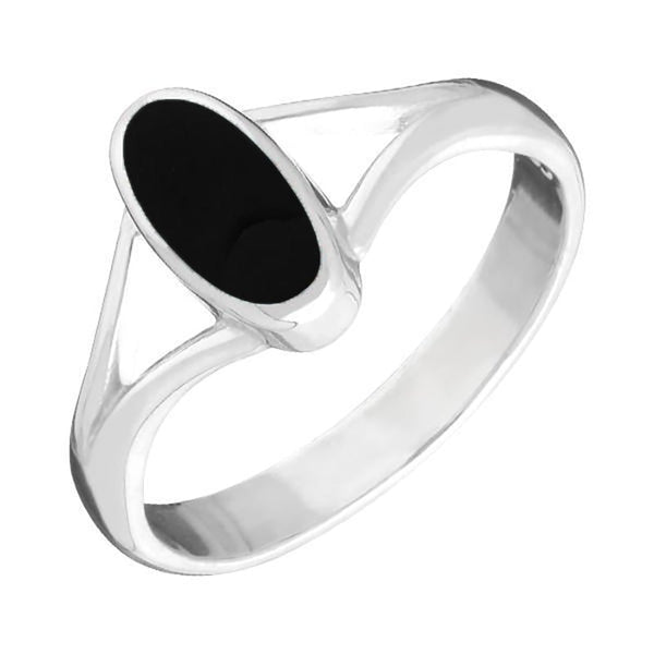 18ct White Gold Whitby Jet Oval Split Shoulder Ring. R114.