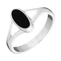 18ct White Gold Whitby Jet Oval Split Shoulder Ring. R114.