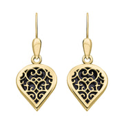 18ct Yellow Gold Blue Goldstone Flore Filigree Heart Drop Earrings. E2588.