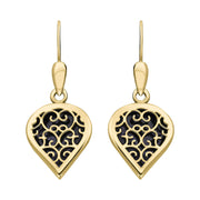 18ct Yellow Gold Blue Goldstone Flore Filigree Heart Drop Earrings. E2588.