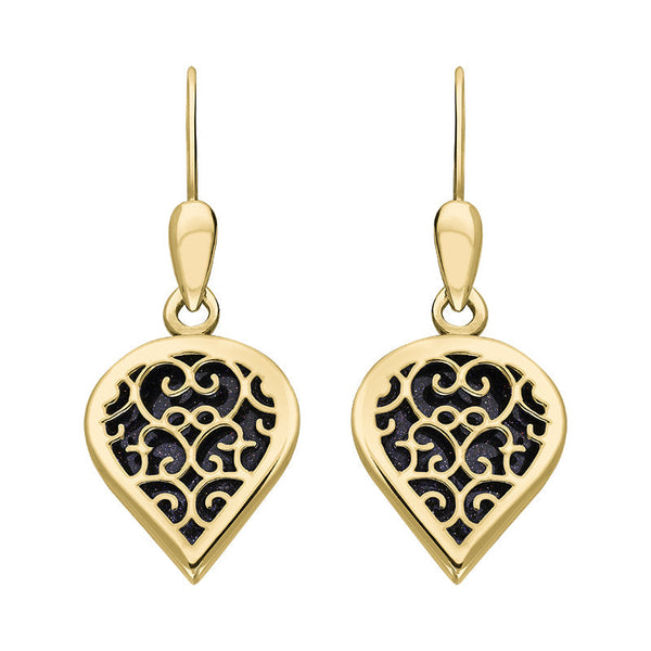 18ct Yellow Gold Blue Goldstone Flore Filigree Heart Drop Earrings. E2588.