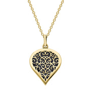 18ct Yellow Gold Blue Goldstone Flore Filigree Medium Heart Necklace. P3630.