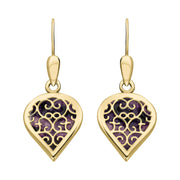 18ct Yellow Gold Blue John Flore Filigree Heart Drop Earrings. E2588.