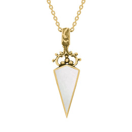 18ct Yellow Gold Blue John White Mother Of Pearl Double Sided Scroll Top Dagger Fob Necklace, P423_2.