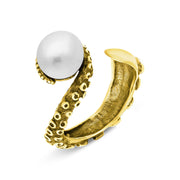 18ct Yellow Gold Freshwater Pearl Bead Swirl Tentacle Ring, R1184.