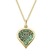 18ct Yellow Gold Malachite Flore Filigree Medium Heart Necklace. P3630.