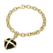 18ct Yellow Gold Whitby Jet Large Cross Heart Charm Bracelet, B1211