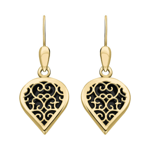 18ct Yellow Gold Whitby Jet Flore Filigree Heart Drop Earrings. E2588.