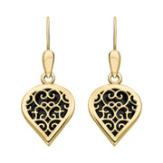 18ct Yellow Gold Whitby Jet Flore Filigree Heart Drop Earrings. E2588.