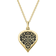 18ct Yellow Gold Whitby Jet Flore Filigree Medium Heart Necklace. P3630.