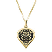 18ct Yellow Gold Whitby Jet Flore Filigree Medium Heart Necklace. P3630.