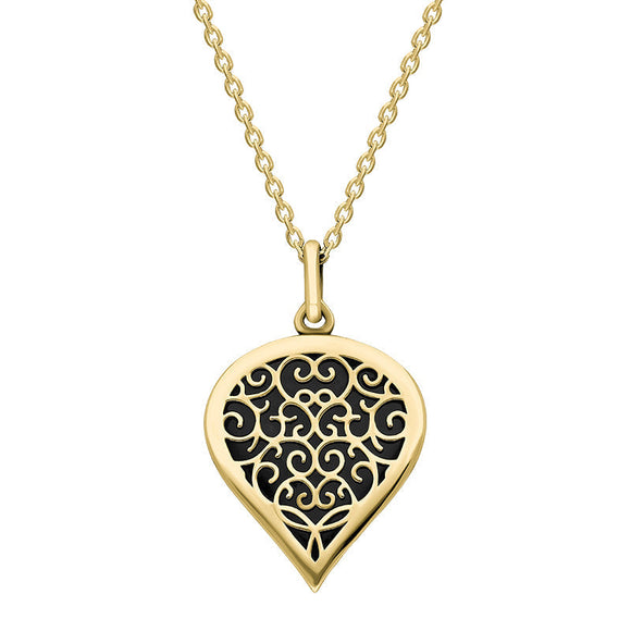 18ct Yellow Gold Whitby Jet Flore Filigree Medium Heart Necklace. P3630.