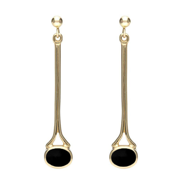 18ct yellow gold Whitby Jet Long Drop Earrings. E094.