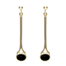 18ct yellow gold Whitby Jet Long Drop Earrings. E094.