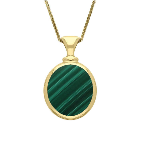 18ct Yellow Gold Whitby Jet Malachite Small Double Sided Oval Fob Necklace, P219.