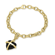 18ct Yellow Gold Whitby Jet Medium Cross Heart Charm Bracelet, B1210