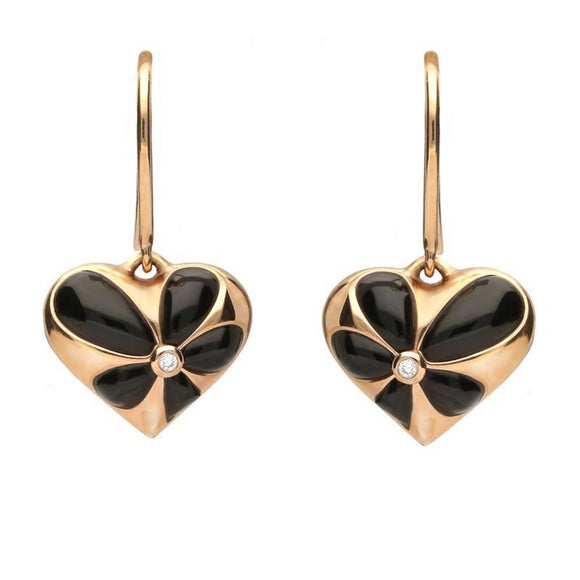 18ct Rose Gold Whitby Jet Diamond Flower Heart Two Piece Set E2051 and P3063