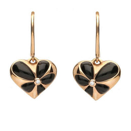 18ct Rose Gold Whitby Jet Diamond Flower Heart Two Piece Set E2051 and P3063