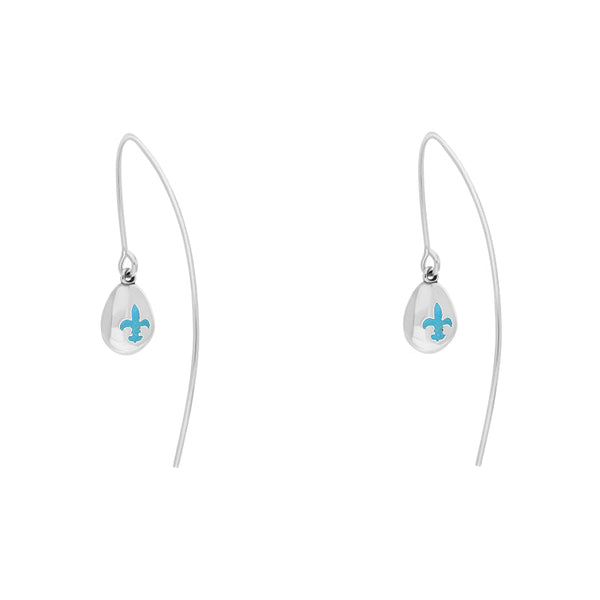 18ct White Gold Turquoise Fleur De Lis Disc Drop Earrings, E1373.