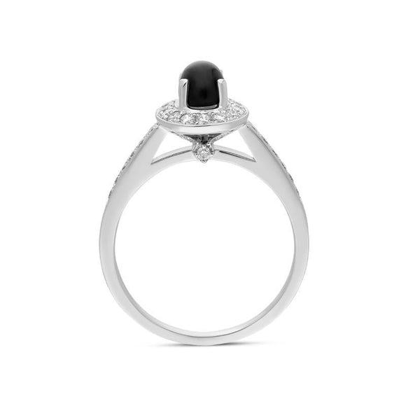18ct White Gold Whitby Jet 0.54ct Diamond Oval Shoulder Ring. R1014.