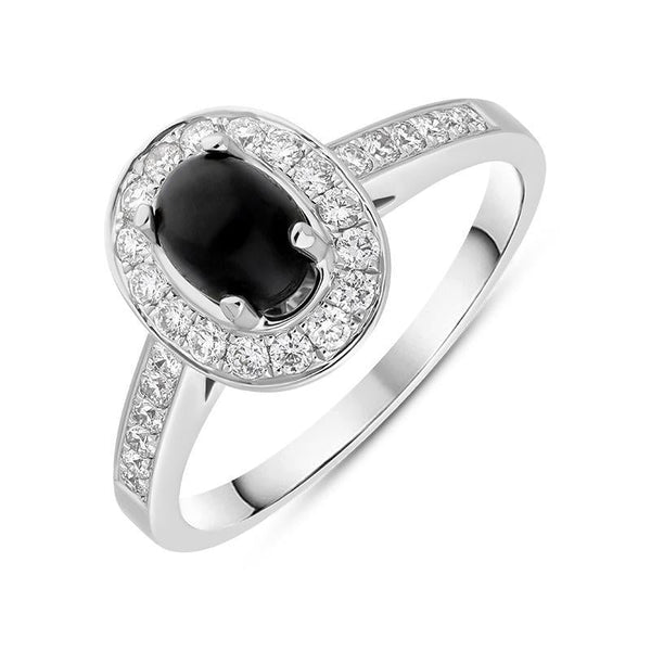 18ct White Gold Whitby Jet 0.54ct Diamond Oval Shoulder Ring. R1014.