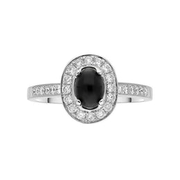 18ct White Gold Whitby Jet 0.54ct Diamond Oval Shoulder Ring. R1014.