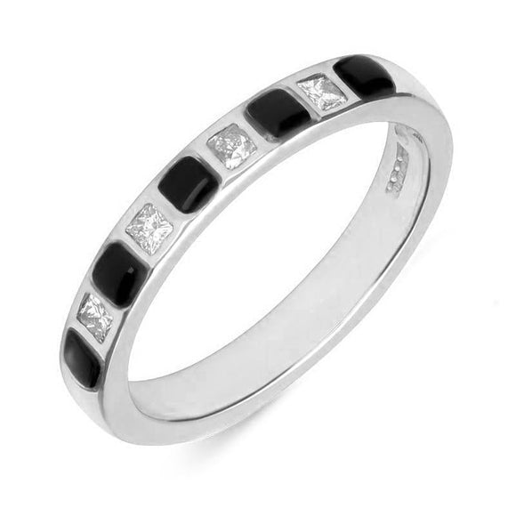 18ct White Gold Whitby Jet Diamond Half Eternity Ring. R809.