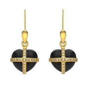 18ct Yellow Gold Whitby Jet Small Cross Heart Drop Earrings