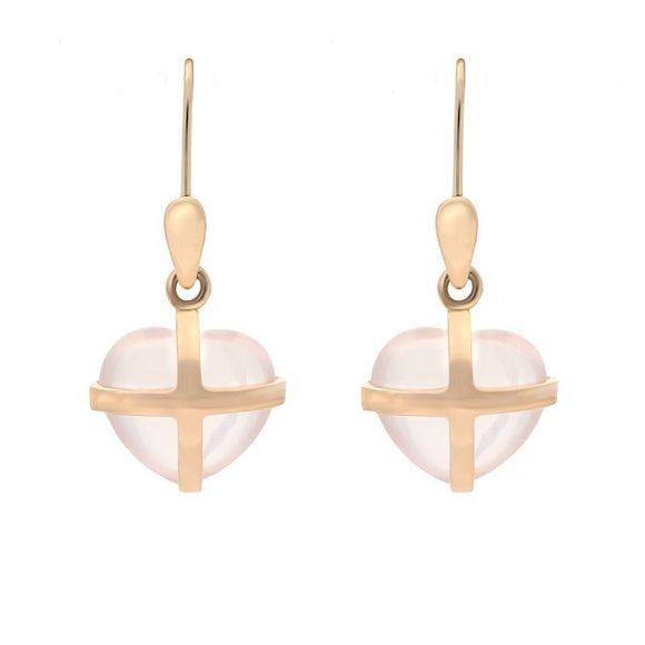 18ct Rose Gold Rose Quartz Small Cross Heart Drop Earrings E1287