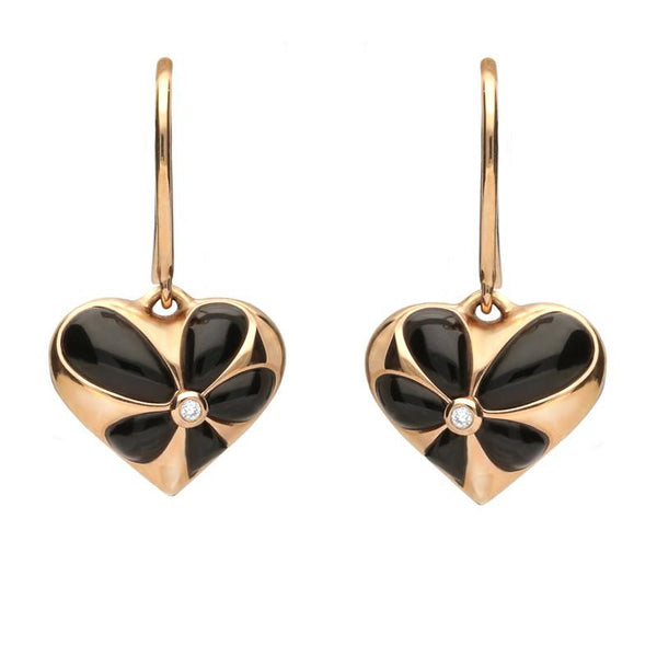 18ct Rose Gold Whitby Jet 0.01ct Diamond Heart Drop Earrings E2051