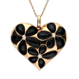 18ct Rose Gold Whitby Jet 0.05 Carat Diamond Large Heart Pendant P2749