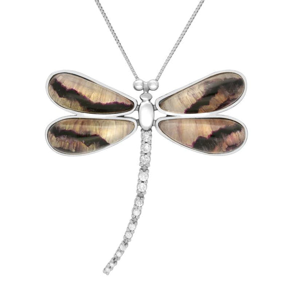 18ct White Gold Blue John Diamond Large Four Stone Dragonfly Necklace, P1743C