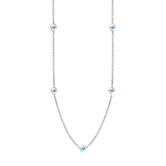 18ct White Gold Turquoise Heart Link Disc Chain Necklace, N746.