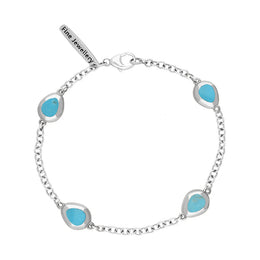 18ct White Gold Turquoise Oval Fleur De Lis Detail Four Stone Bracelet, B798.
