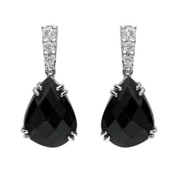 18ct White Gold Whitby Jet 0.19ct Diamond Faceted Pear Drop Earrings JD4_4