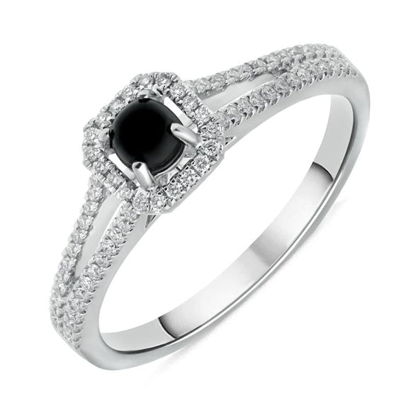 18ct White Gold Whitby Jet 0.21ct Diamond Cushion Split Shank Ring R893