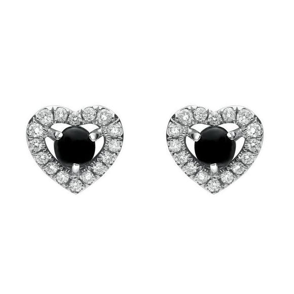 18ct White Gold Whitby Jet 0.33ct Diamond Heart Earrings. E2253