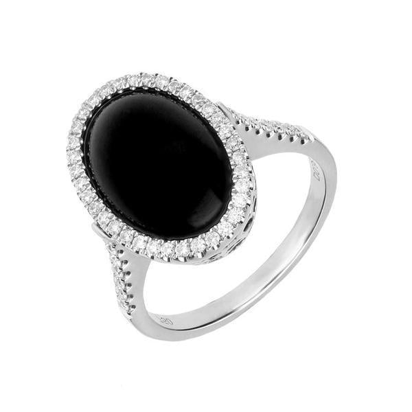 18ct White Gold Whitby Jet 0.38ct Diamond Open Heart Ring. R1106.