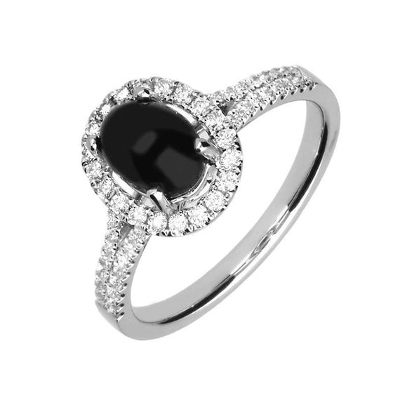 18ct White Gold Whitby Jet 0.38ct Diamond Oval Split Shoulder Ring R1016