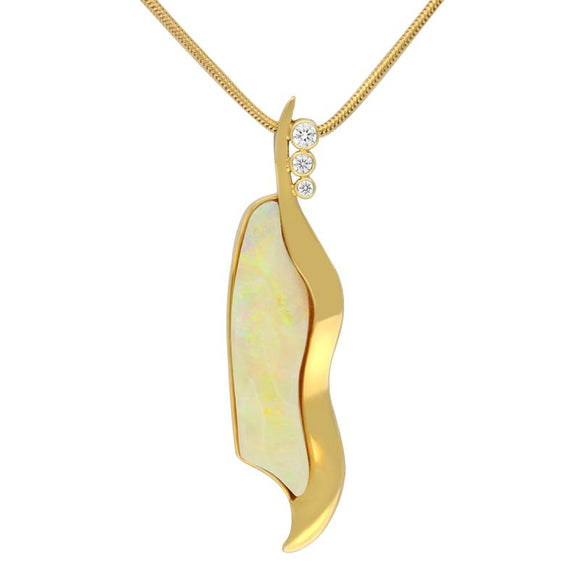 18ct Yellow Gold Opal Diamond Unique Wavy Necklace VUOP113