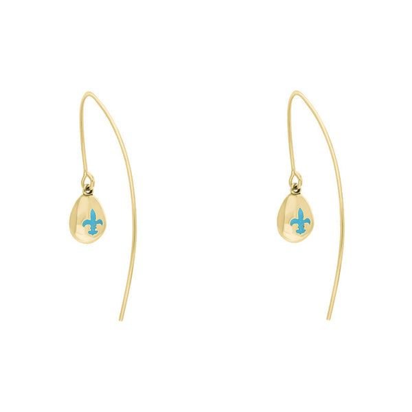 18ct Yellow Gold Turquoise Fleur De Lis Disc Drop Earrings, E1373.