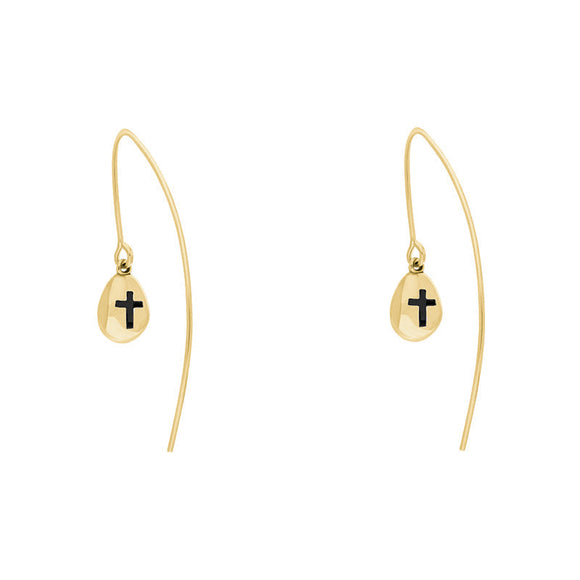 18ct Yellow Gold Whitby Jet Cross Disc Drop Earrings, E1374.
