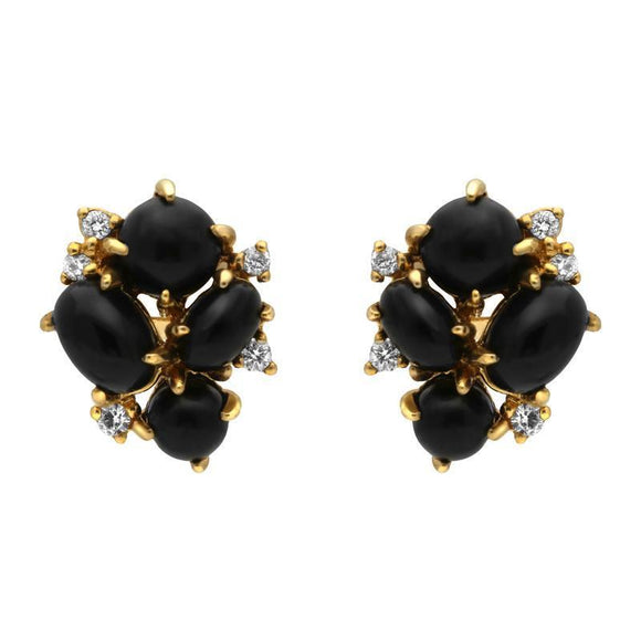 18ct Yellow Gold Whitby Jet Diamond Abstract Stud Earrings. E1670.