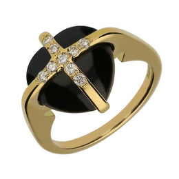 18ct Yellow Gold Whitby Jet Nine Diamond Small Cross Heart Ring R969