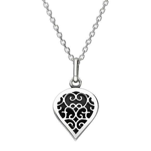 9ct White Gold Whitby Jet Flore Filigree Small Heart Necklace. P3629.